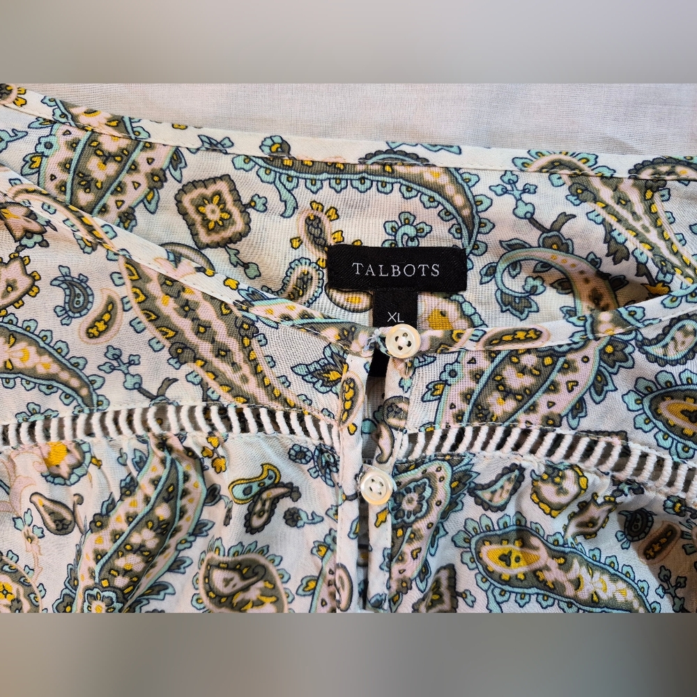 Talbots Multicolor Paisley Top 100%cotton Lightweight Buttoned Pullover XL